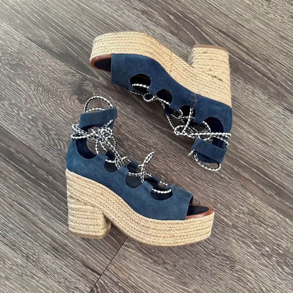 Tory Burch Positano lace-up platform espadrille sandal in blue suede